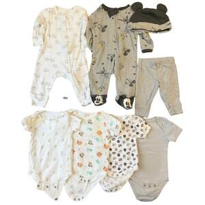 Disney Baby footie 0-3M Gray w Hat Zip| 4 Bodysuits 0-3M Short Sleeve | Set of 8